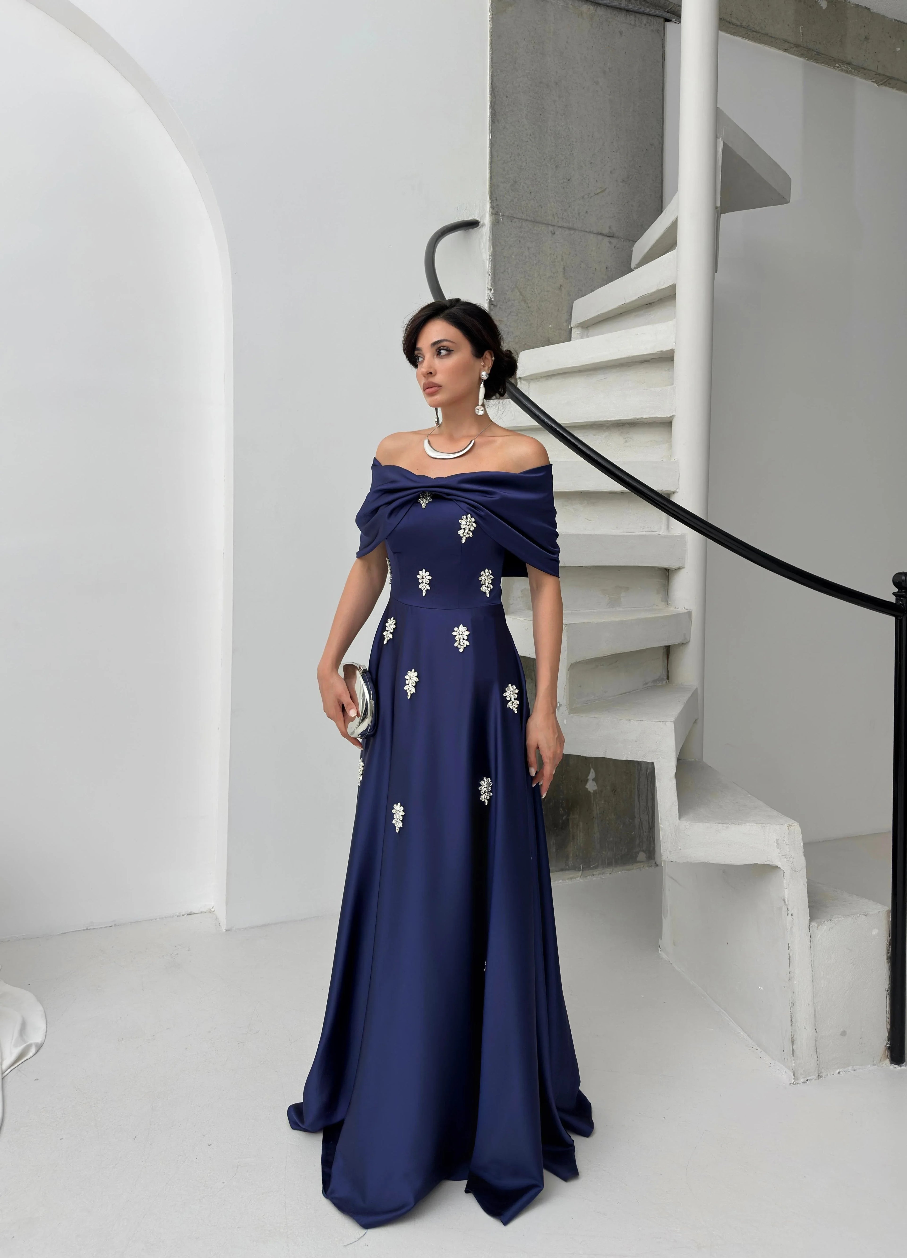 Satin Off-Shoulder Embellished Maxi Dress - Navy Blue - Mirelline Store