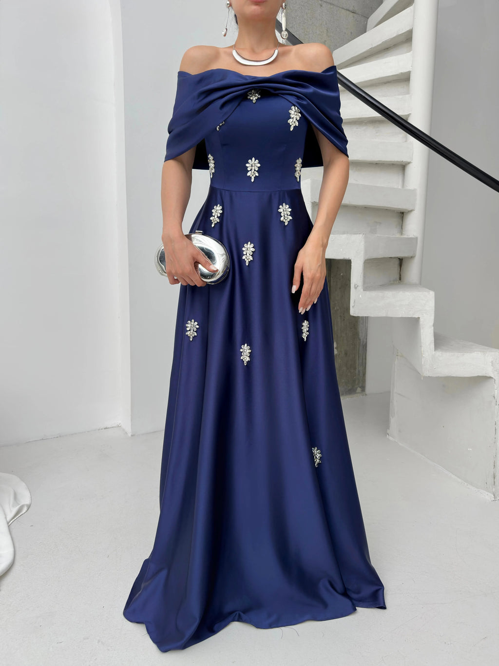 Satin Off-Shoulder Embellished Maxi Dress - Navy Blue - Mirelline Store