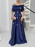 Satin Off-Shoulder Embellished Maxi Dress - Navy Blue - Mirelline Store
