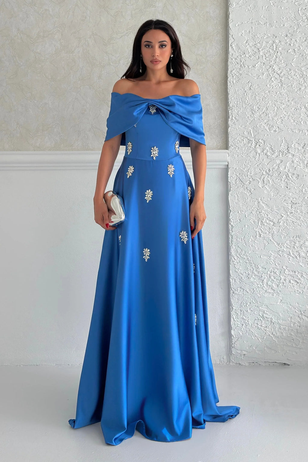 Satin Off-Shoulder Embellished Maxi Dress - Blue - Mirelline Store