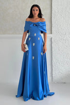 Satin Off-Shoulder Embellished Maxi Dress - Blue - Mirelline Store