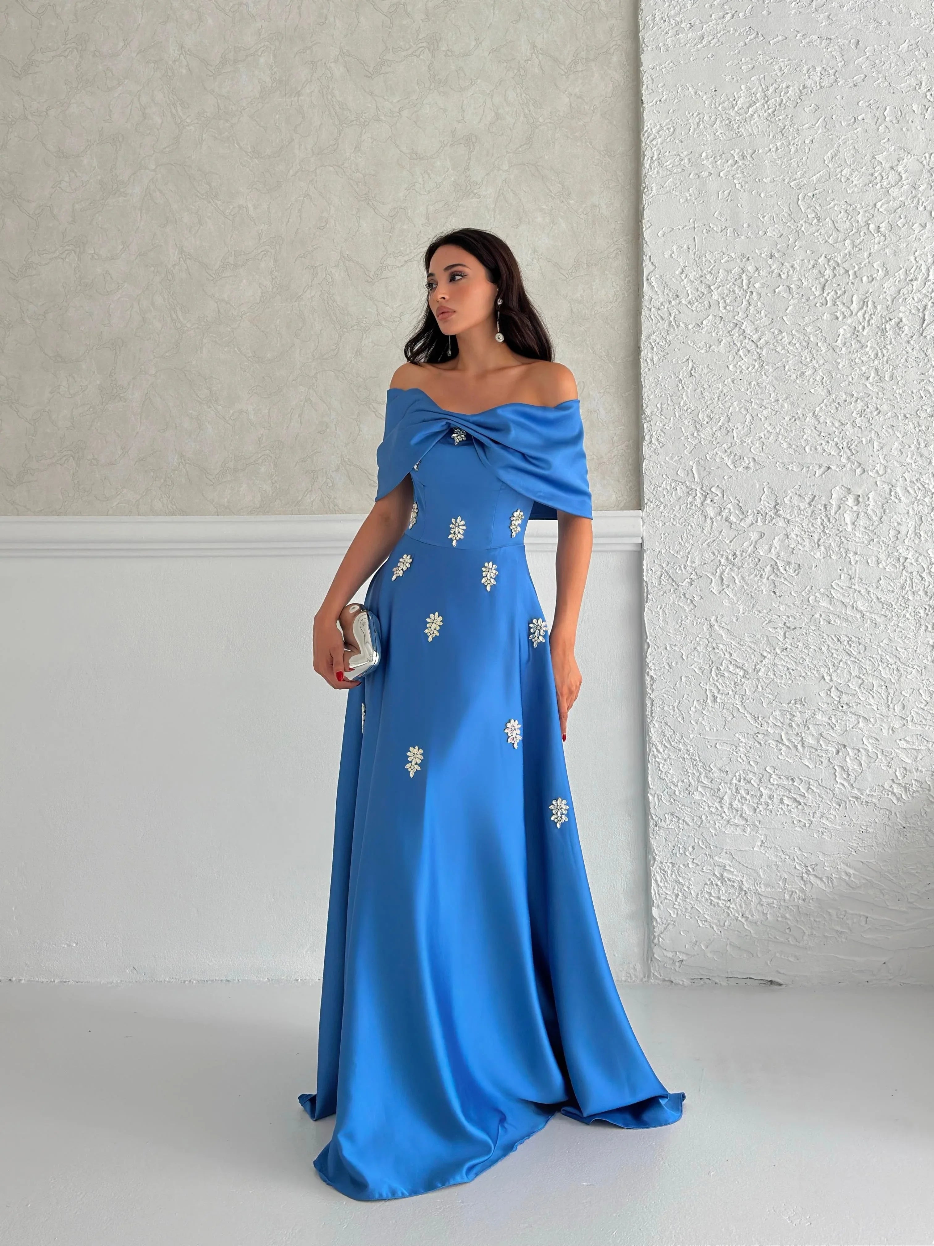 Satin Off-Shoulder Embellished Maxi Dress - Blue - Mirelline Store