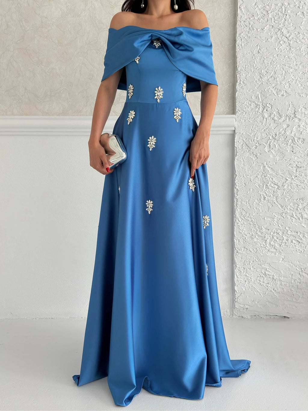Satin Off-Shoulder Embellished Maxi Dress - Blue - Mirelline Store