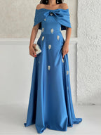 Satin Off-Shoulder Embellished Maxi Dress - Blue - Mirelline Store