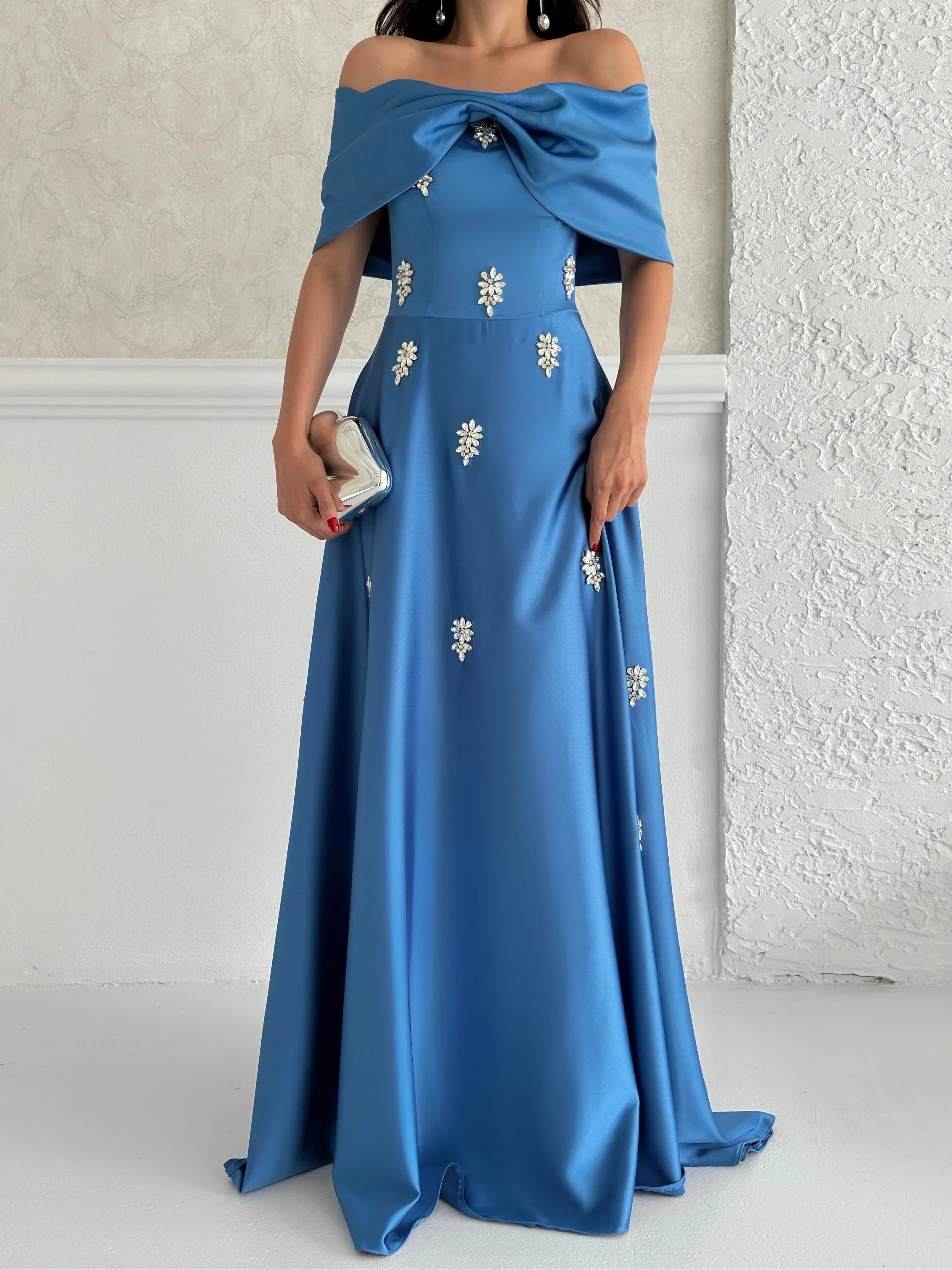 Satin Off-Shoulder Embellished Maxi Dress - Blue - Mirelline Store