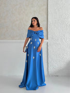 Satin Off-Shoulder Embellished Maxi Dress - Blue - Mirelline Store