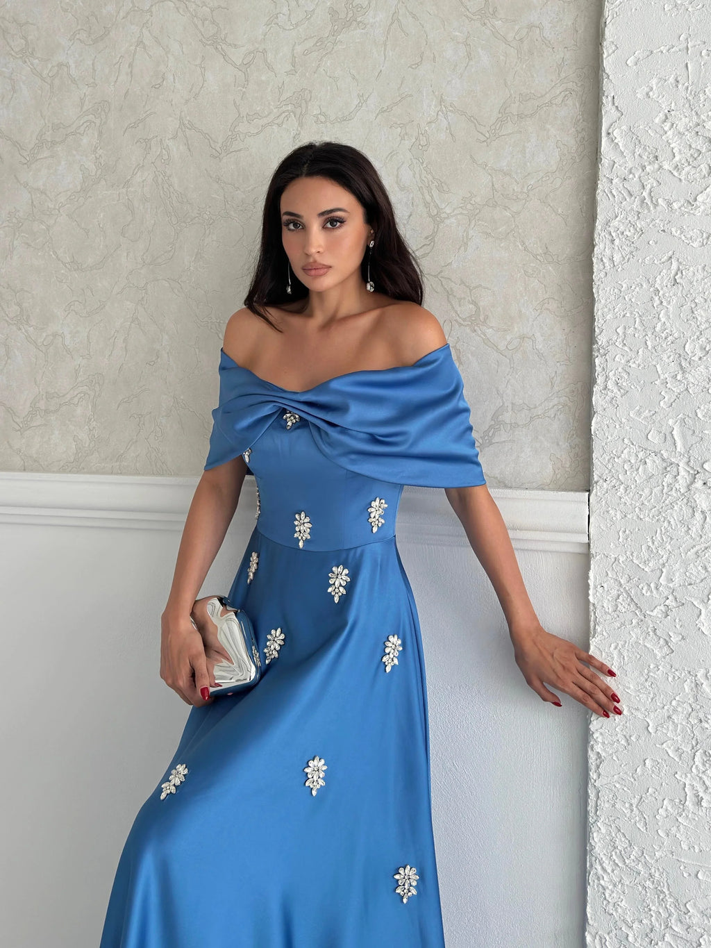 Satin Off-Shoulder Embellished Maxi Dress - Blue - Mirelline Store