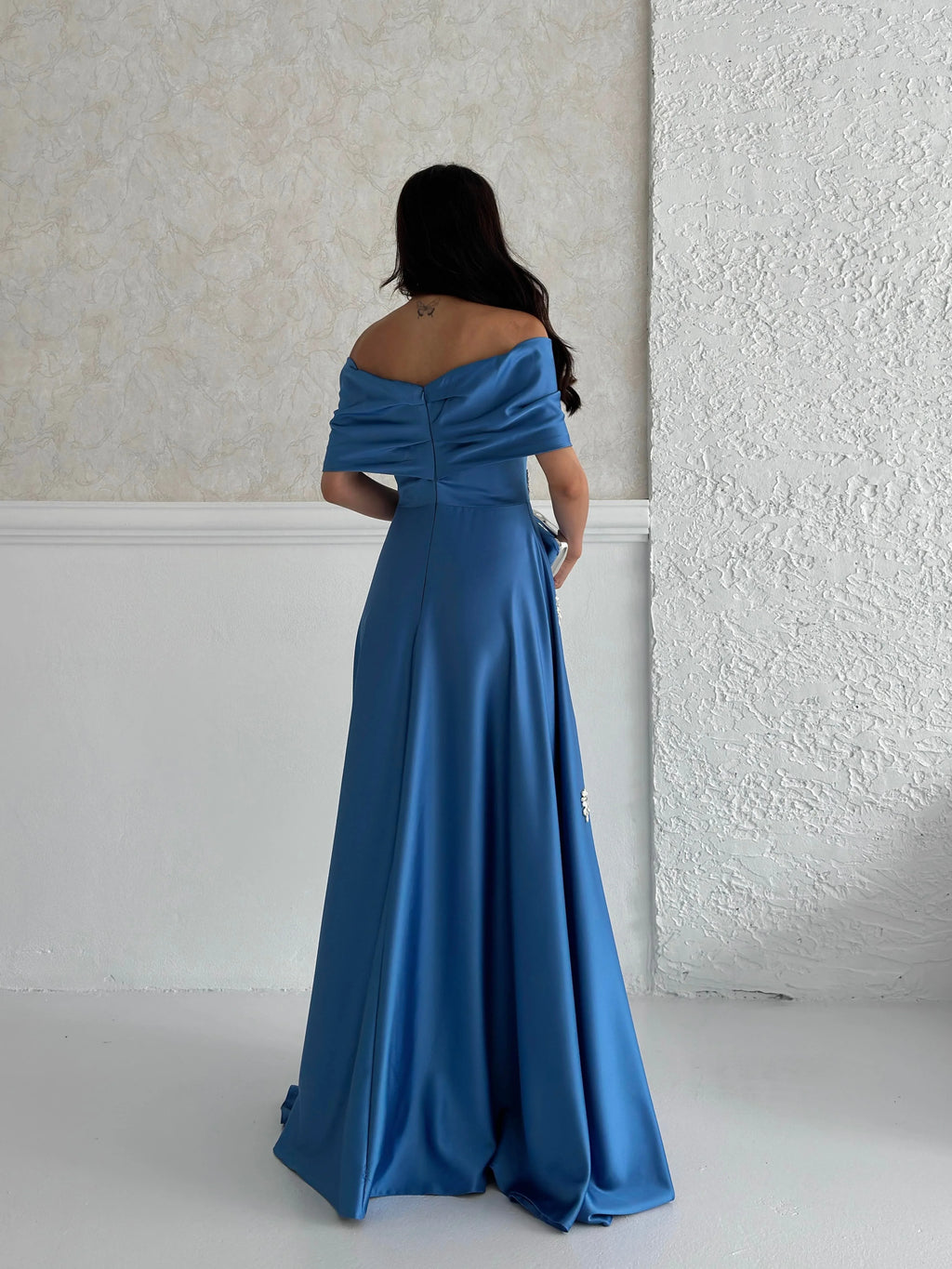 Satin Off-Shoulder Embellished Maxi Dress - Blue - Mirelline Store