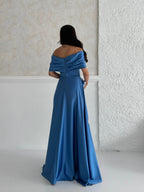 Satin Off-Shoulder Embellished Maxi Dress - Blue - Mirelline Store