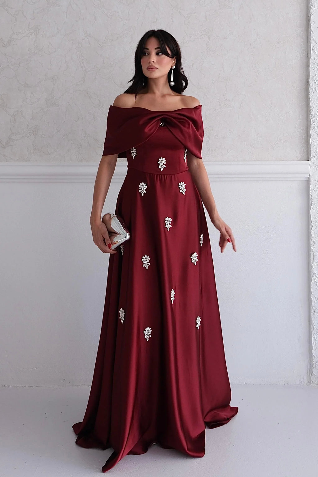 Satin Off-Shoulder Embellished Maxi Dress - Burgundy - Mirelline Store