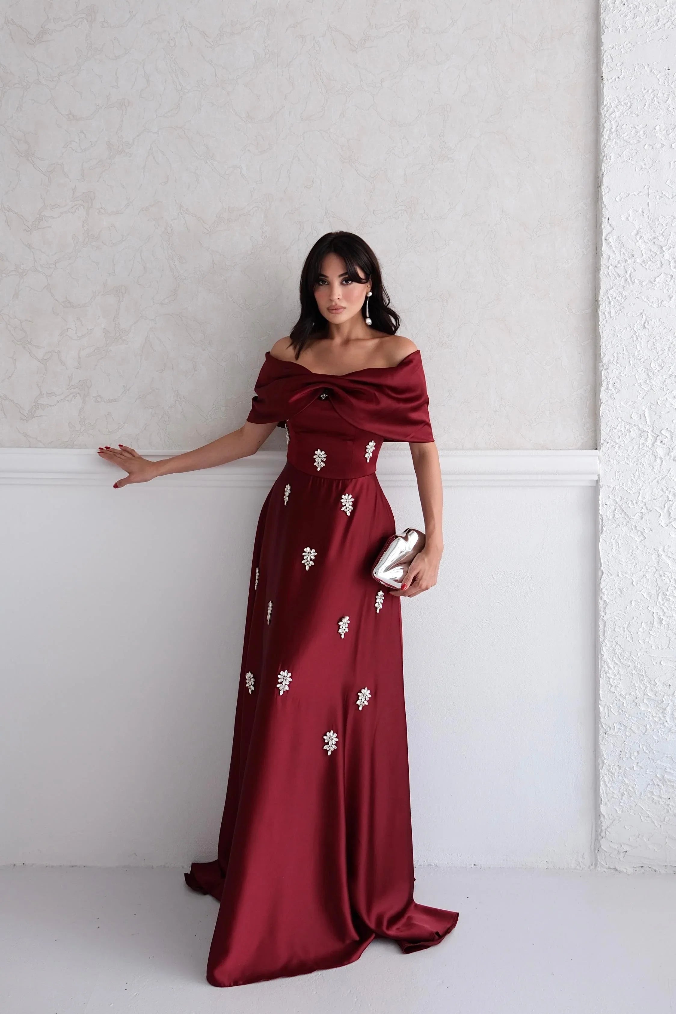 Satin Off-Shoulder Embellished Maxi Dress - Burgundy - Mirelline Store
