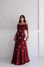 Satin Off-Shoulder Embellished Maxi Dress - Burgundy - Mirelline Store