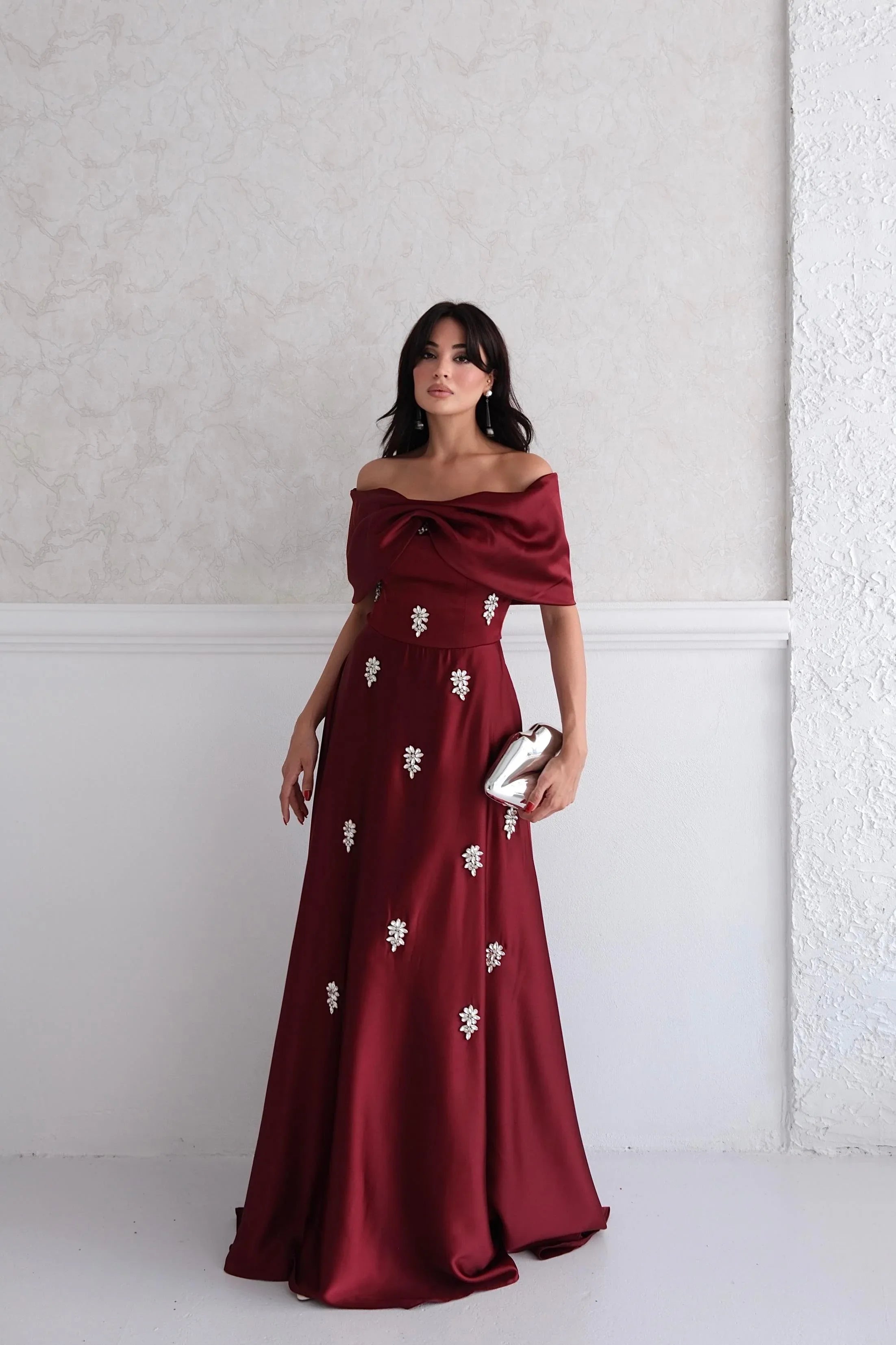 Satin Off-Shoulder Embellished Maxi Dress - Burgundy - Mirelline Store