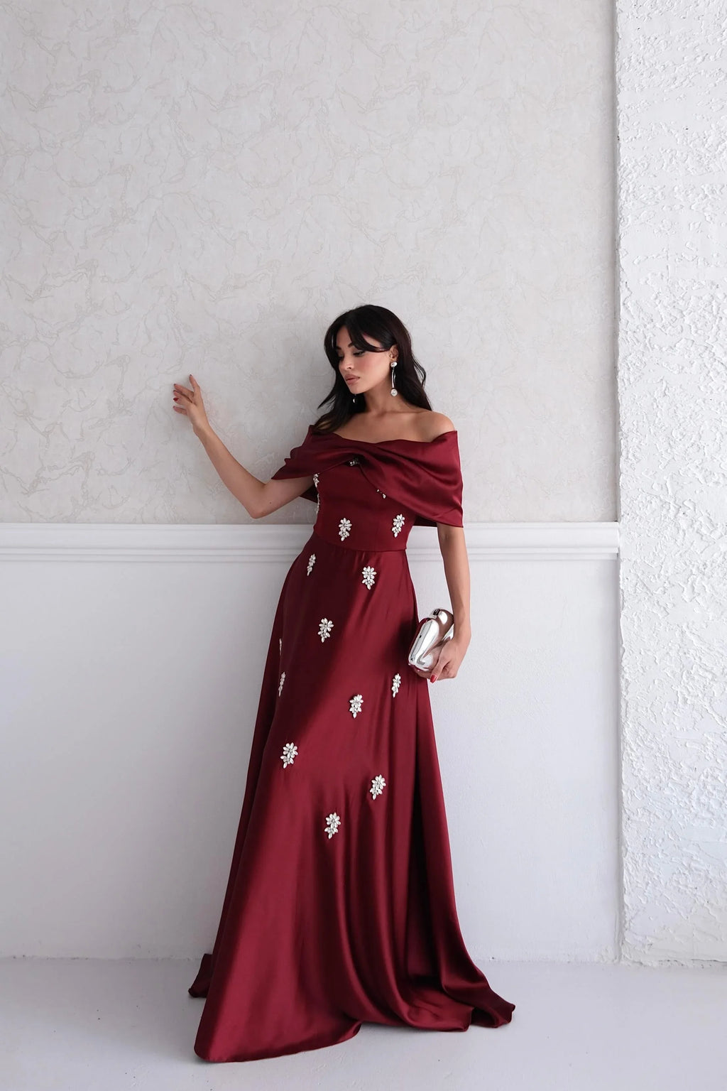 Satin Off-Shoulder Embellished Maxi Dress - Burgundy - Mirelline Store