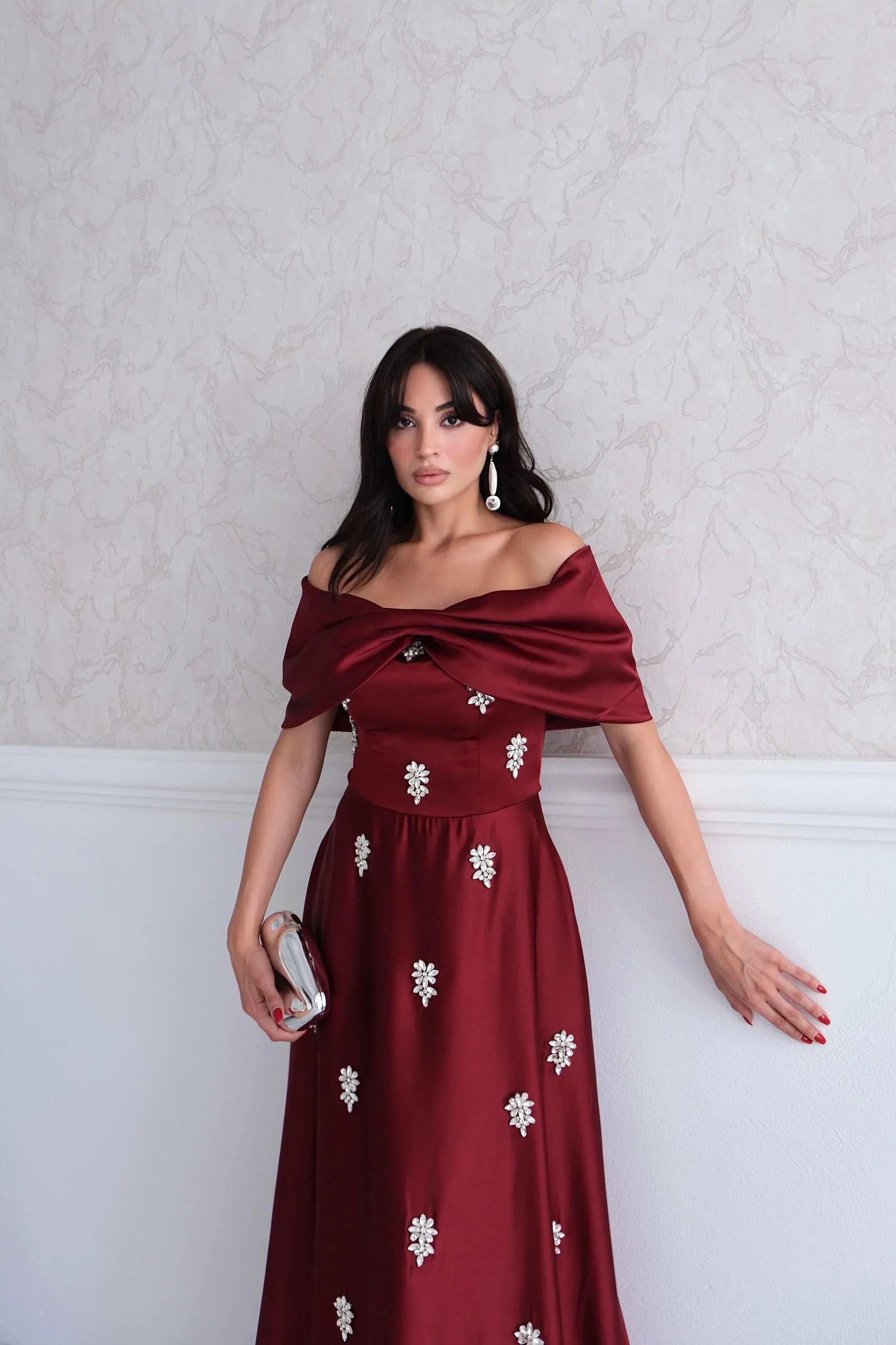 Satin Off-Shoulder Embellished Maxi Dress - Burgundy - Mirelline Store