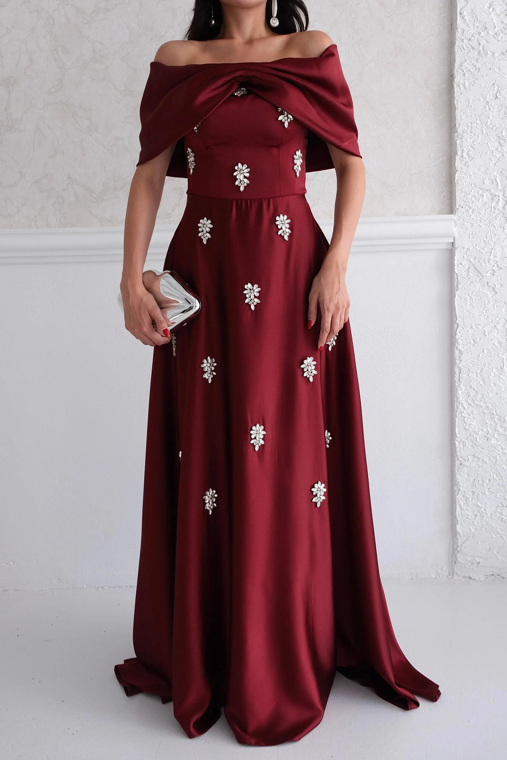 Satin Off-Shoulder Embellished Maxi Dress - Burgundy - Mirelline Store