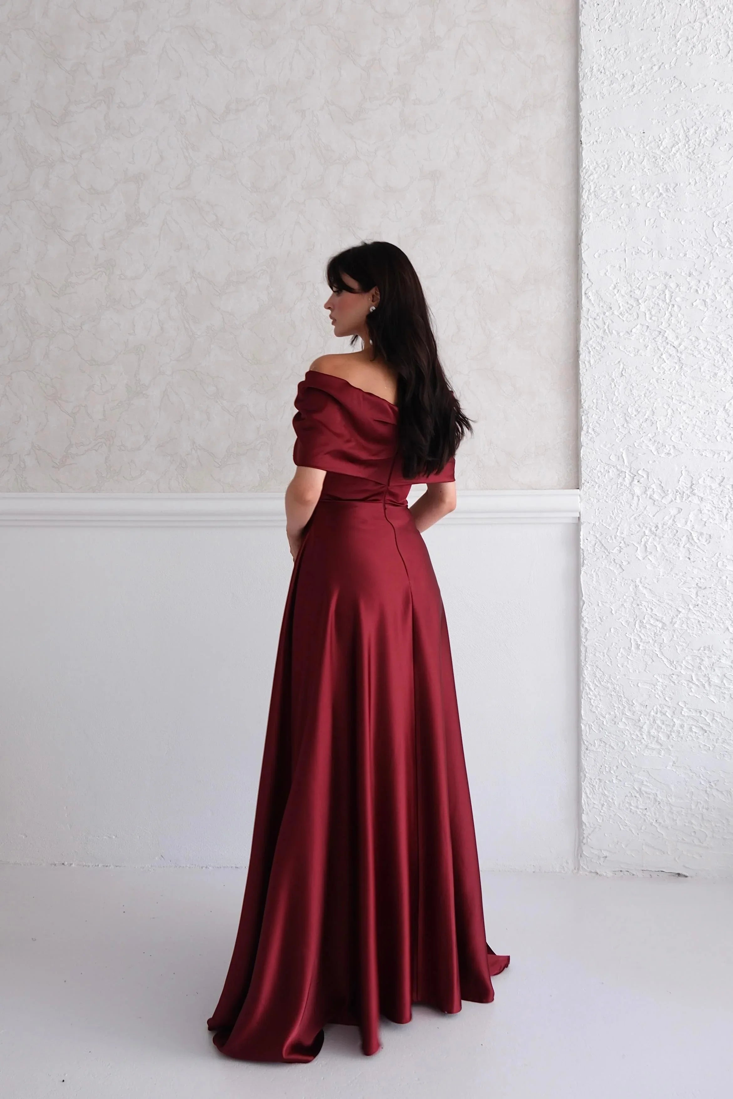 Satin Off-Shoulder Embellished Maxi Dress - Burgundy - Mirelline Store