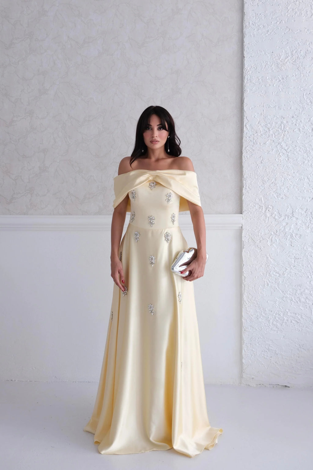 Satin Off-Shoulder Embellished Maxi Dress - Yellow - Mirelline Store