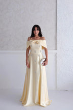 Satin Off-Shoulder Embellished Maxi Dress - Yellow - Mirelline Store