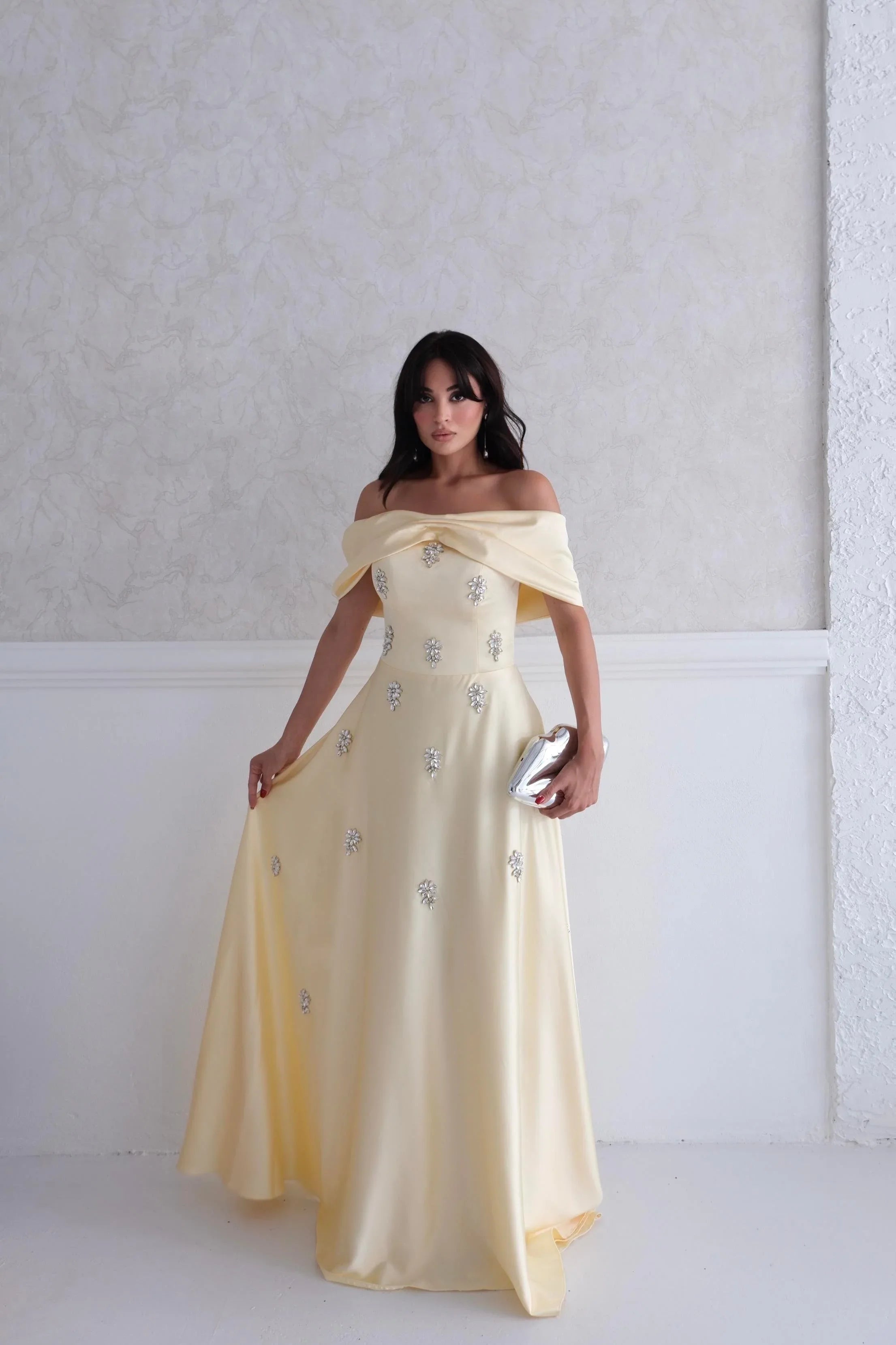 Satin Off-Shoulder Embellished Maxi Dress - Yellow - Mirelline Store