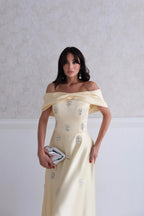 Satin Off-Shoulder Embellished Maxi Dress - Yellow - Mirelline Store