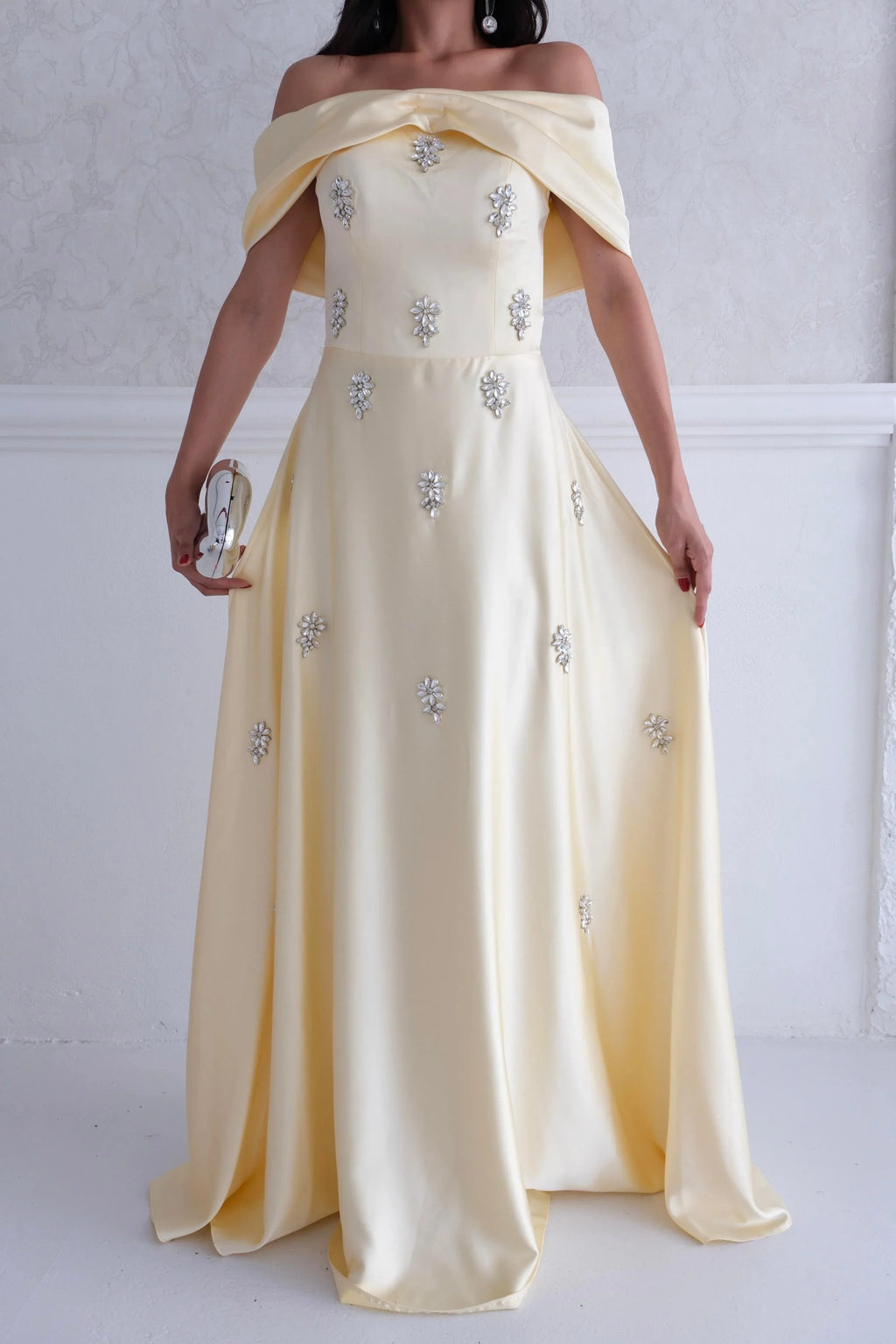 Satin Off-Shoulder Embellished Maxi Dress - Yellow - Mirelline Store