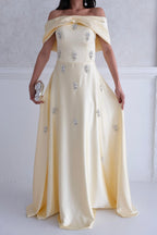 Satin Off-Shoulder Embellished Maxi Dress - Yellow - Mirelline Store