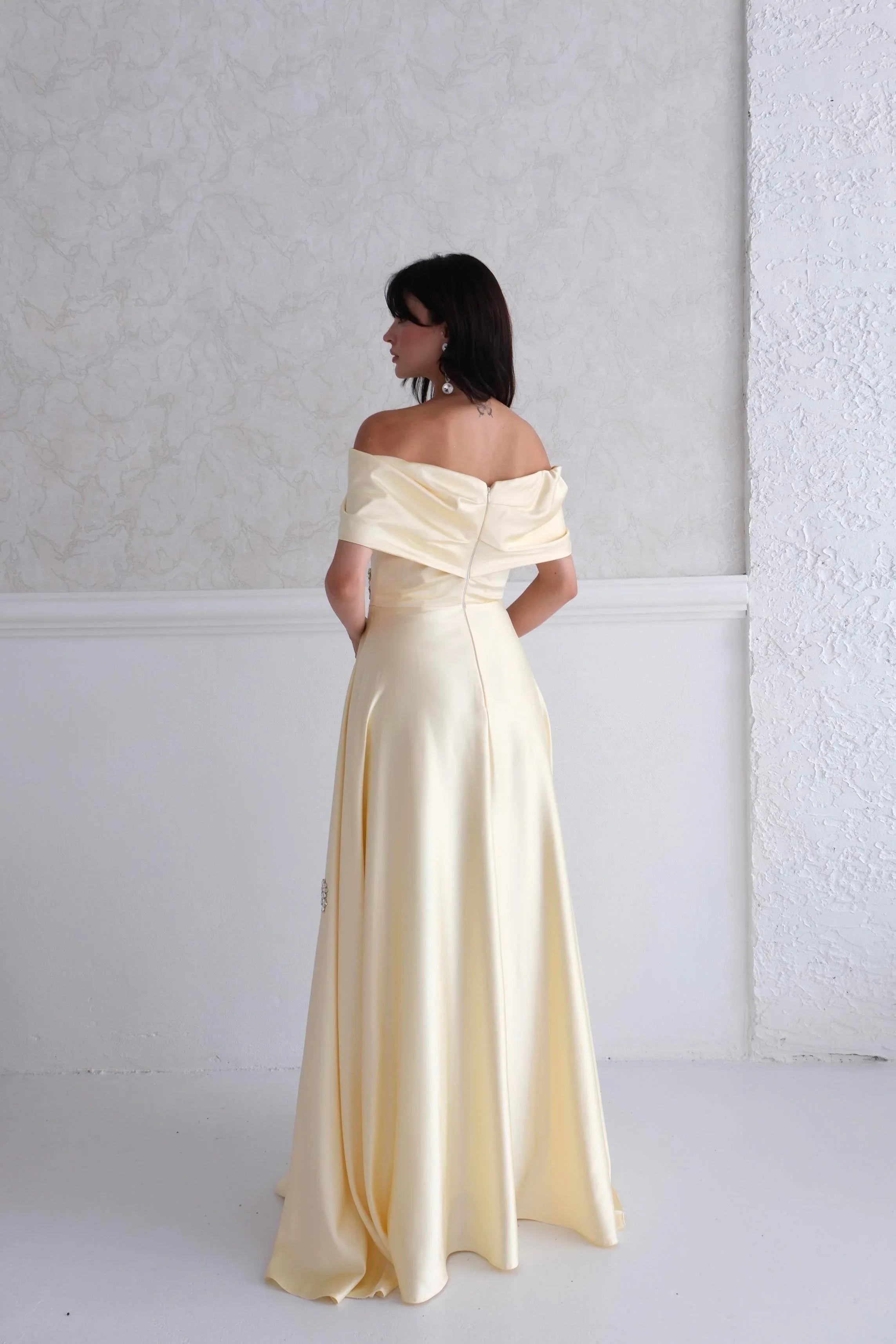Satin Off-Shoulder Embellished Maxi Dress - Yellow - Mirelline Store