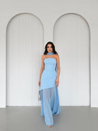 Draped Strapless Tulle Maxi Dress - Sky Blue - Mirelline Store