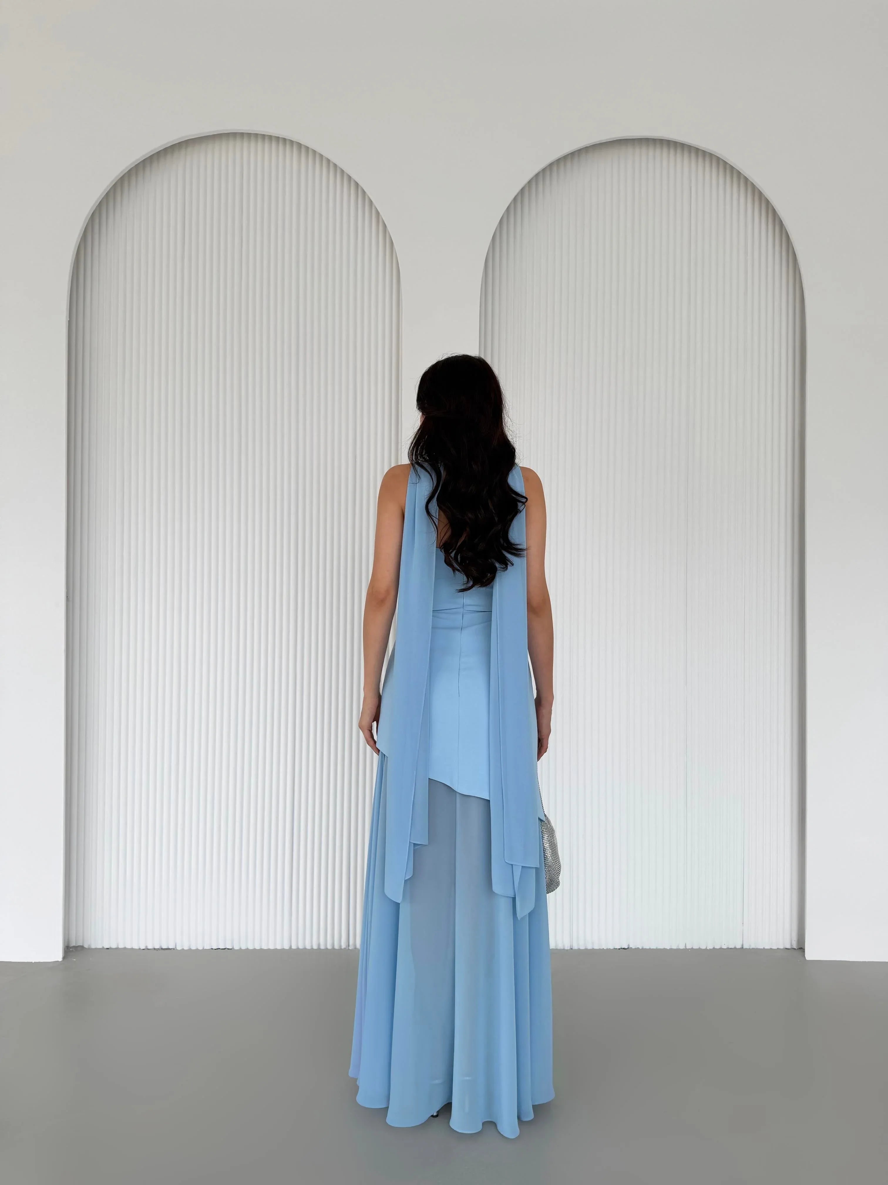 Draped Strapless Tulle Maxi Dress - Sky Blue - Mirelline Store
