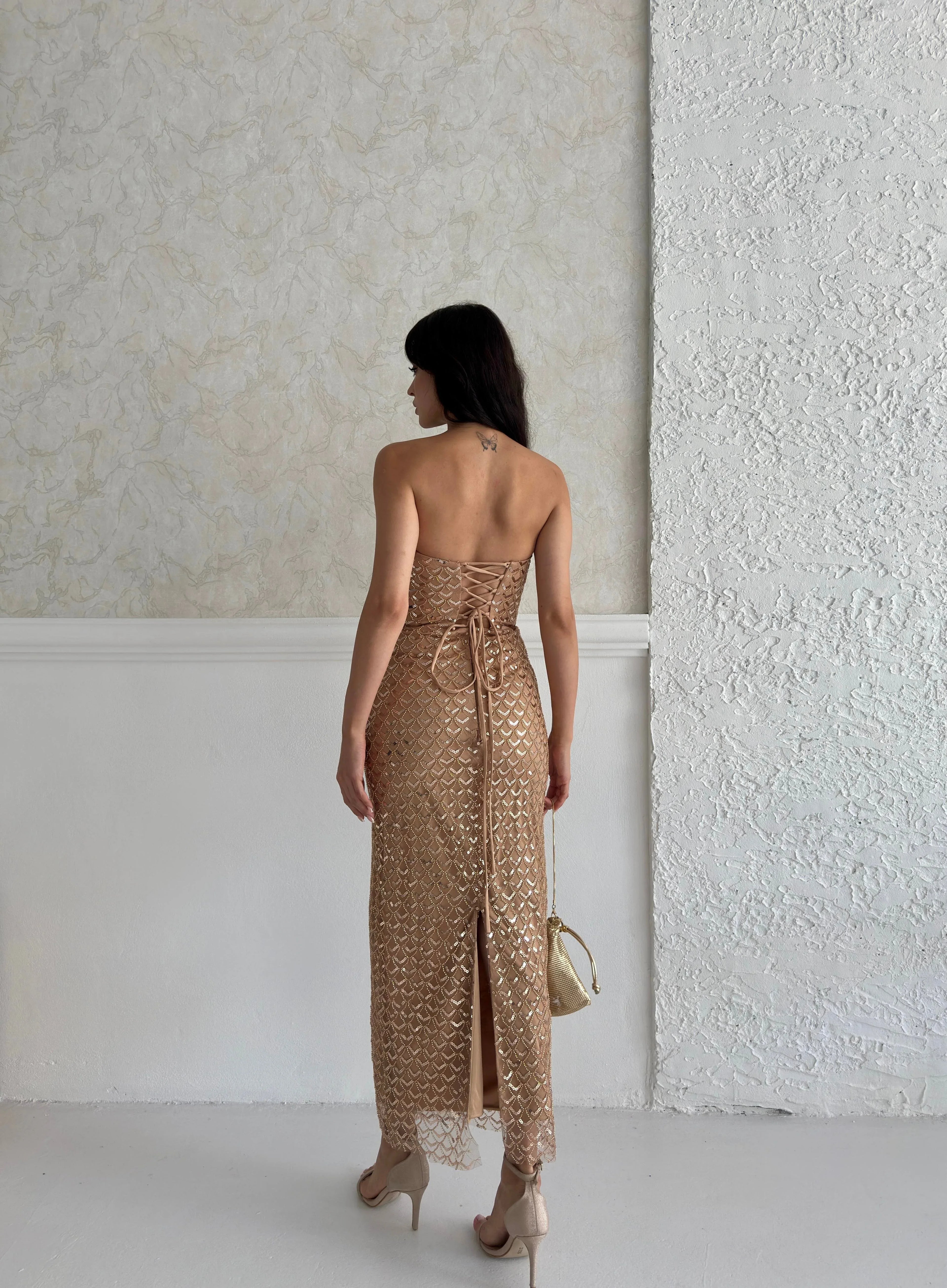 Embellished Strapless Midi Dress - Gold - Mirelline Store