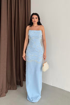 Pearl Embellished Strapless Maxi Dress - Baby Blue - Mirelline Store