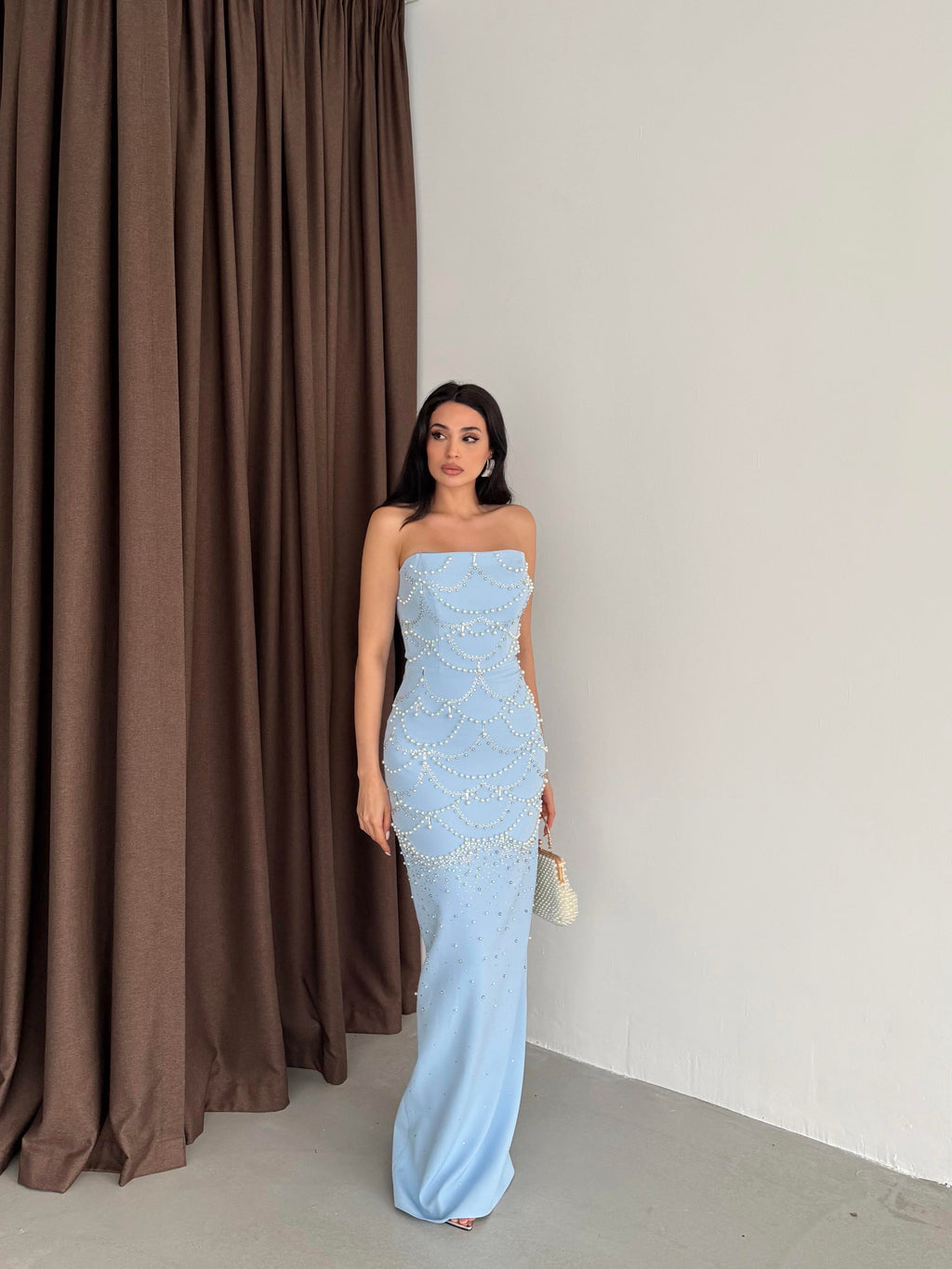 Pearl Embellished Strapless Maxi Dress - Baby Blue - Mirelline Store