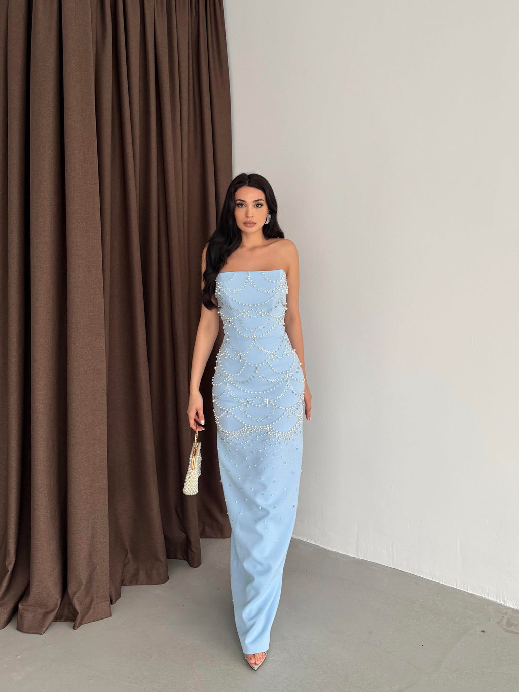 Pearl Embellished Strapless Maxi Dress - Baby Blue - Mirelline Store