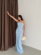 Pearl Embellished Strapless Maxi Dress - Baby Blue - Mirelline Store
