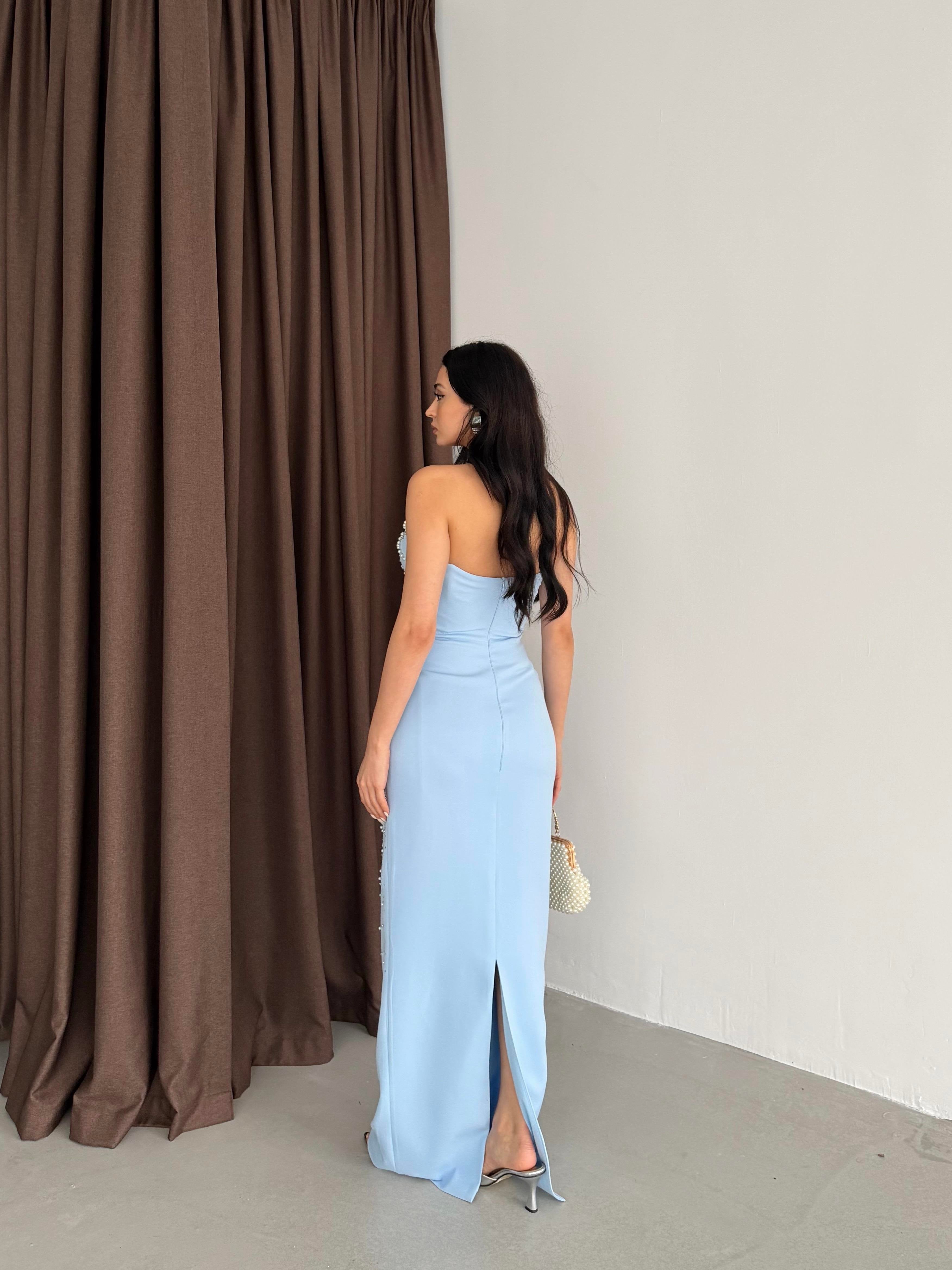 Pearl Embellished Strapless Maxi Dress - Baby Blue - Mirelline Store
