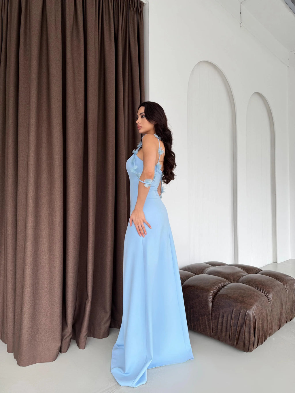 Floral Appliqué Strap Maxi Dress - Sky Blue - Mirelline Store