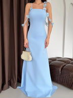 Floral Appliqué Strap Maxi Dress - Sky Blue - Mirelline Store