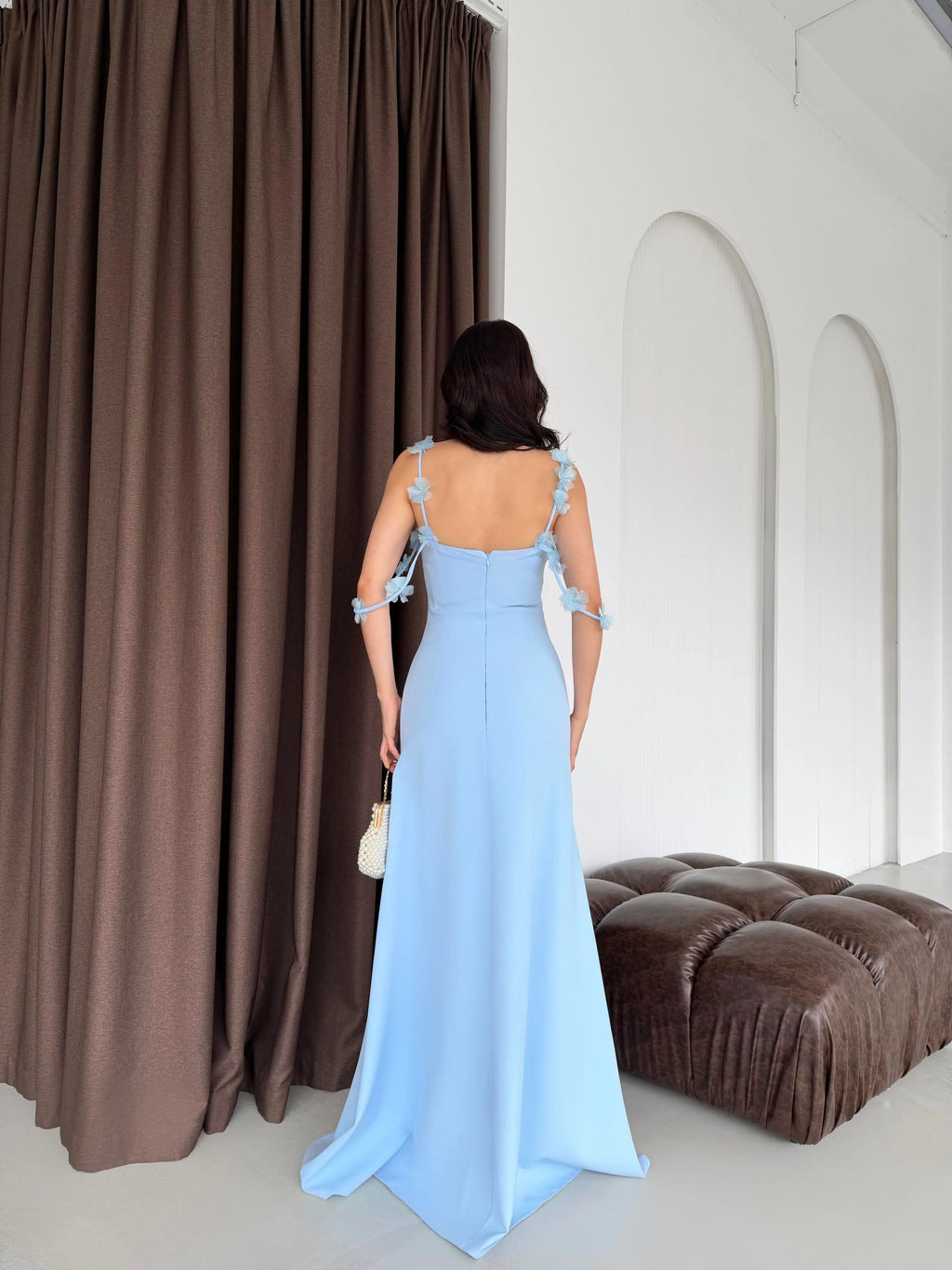 Floral Appliqué Strap Maxi Dress - Sky Blue - Mirelline Store
