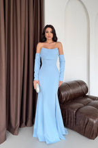 Off-Shoulder Boned Crepe Maxi Dress - Baby Blue - Mirelline Store