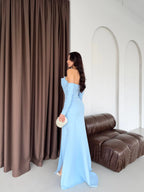 Off-Shoulder Boned Crepe Maxi Dress - Baby Blue - Mirelline Store