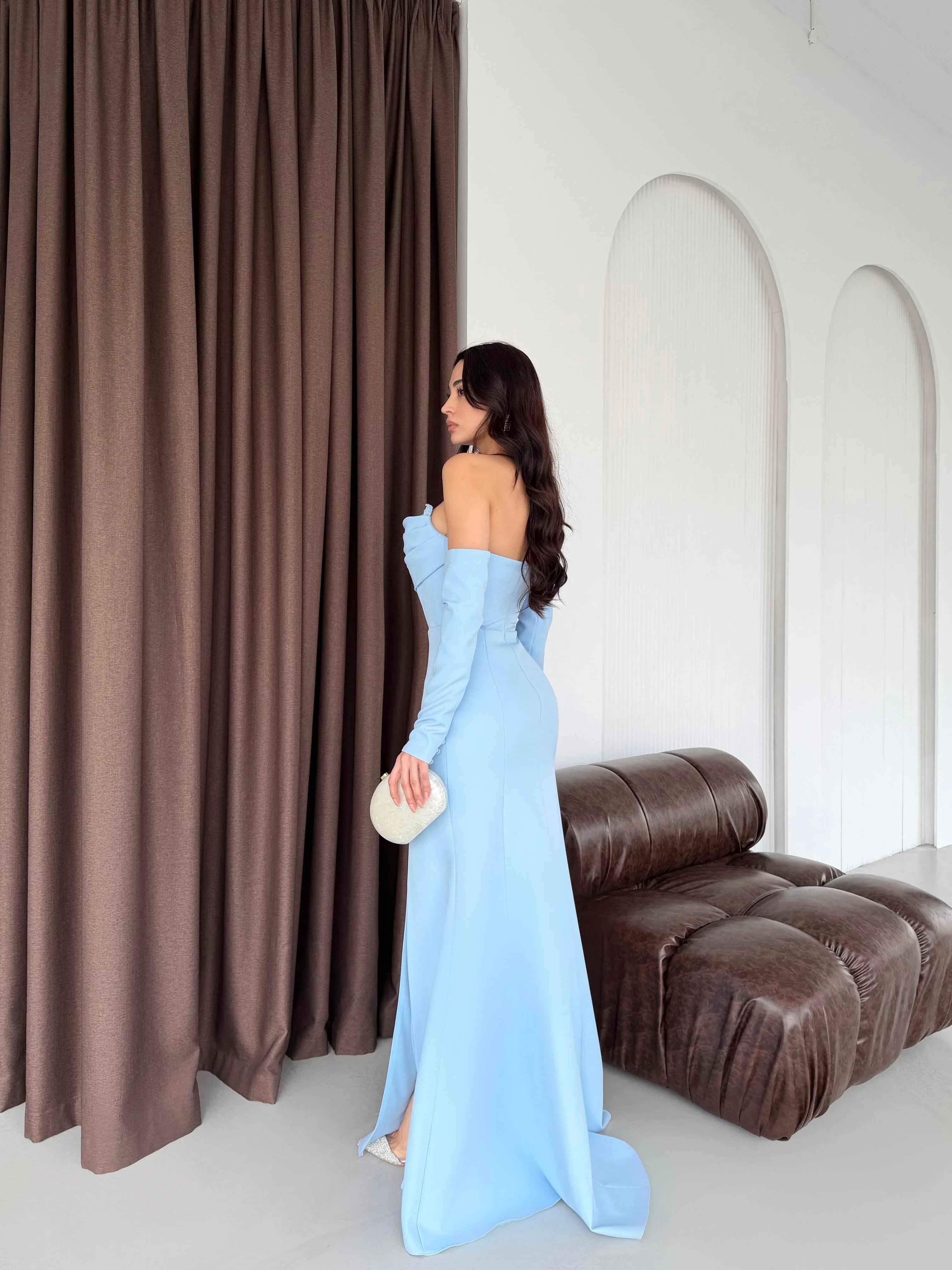 Off-Shoulder Boned Crepe Maxi Dress - Baby Blue - Mirelline Store