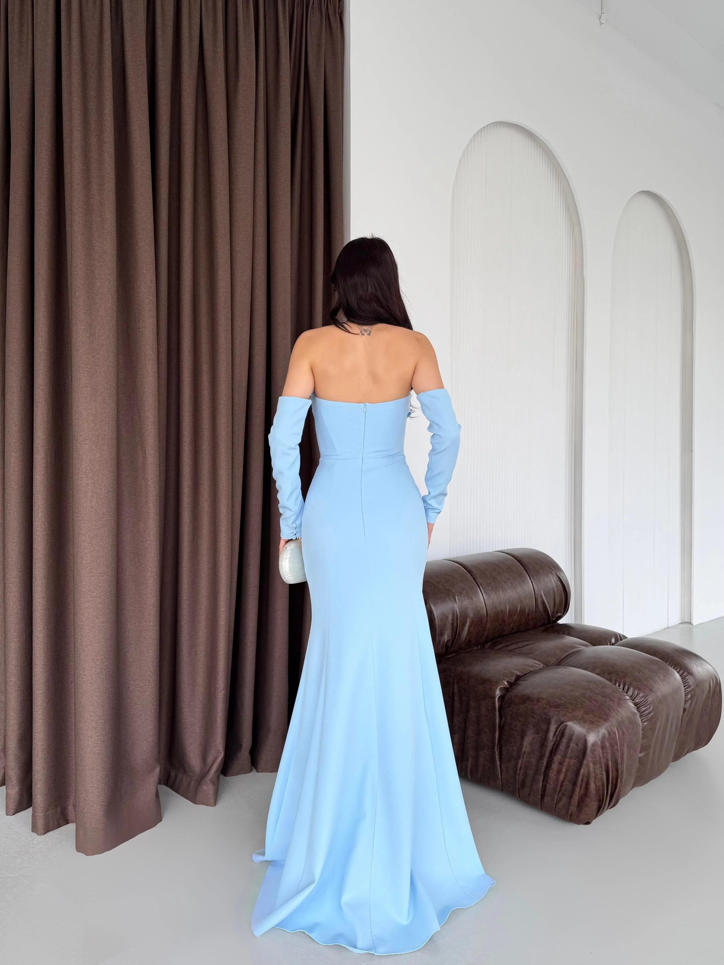 Off-Shoulder Boned Crepe Maxi Dress - Baby Blue - Mirelline Store