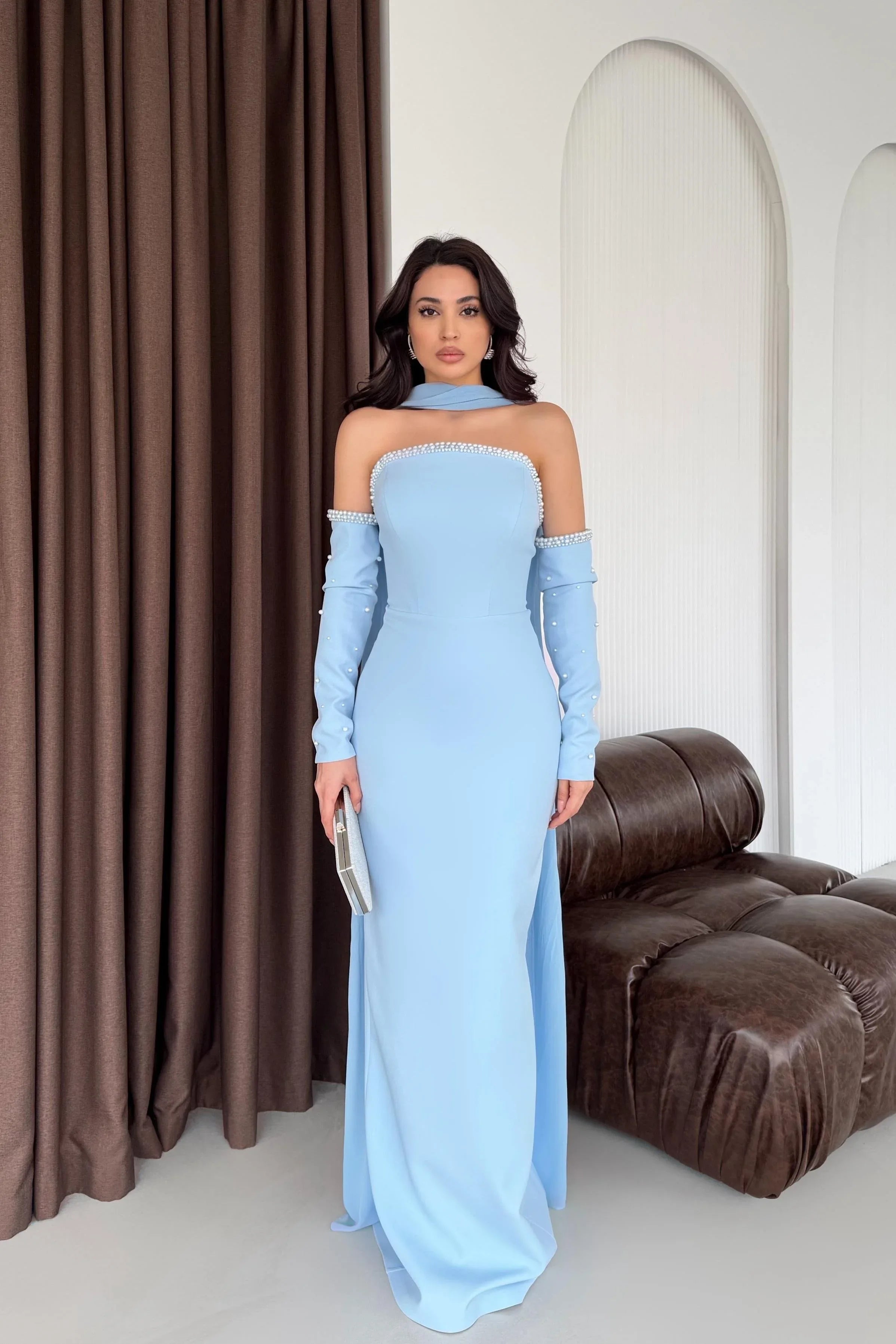 Pearl Embellished Scarf Sleeve Maxi Dress - Baby Blue - Mirelline Store