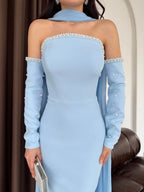 Pearl Embellished Scarf Sleeve Maxi Dress - Baby Blue - Mirelline Store