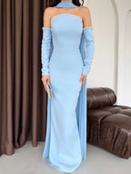Pearl Embellished Scarf Sleeve Maxi Dress - Baby Blue - Mirelline Store