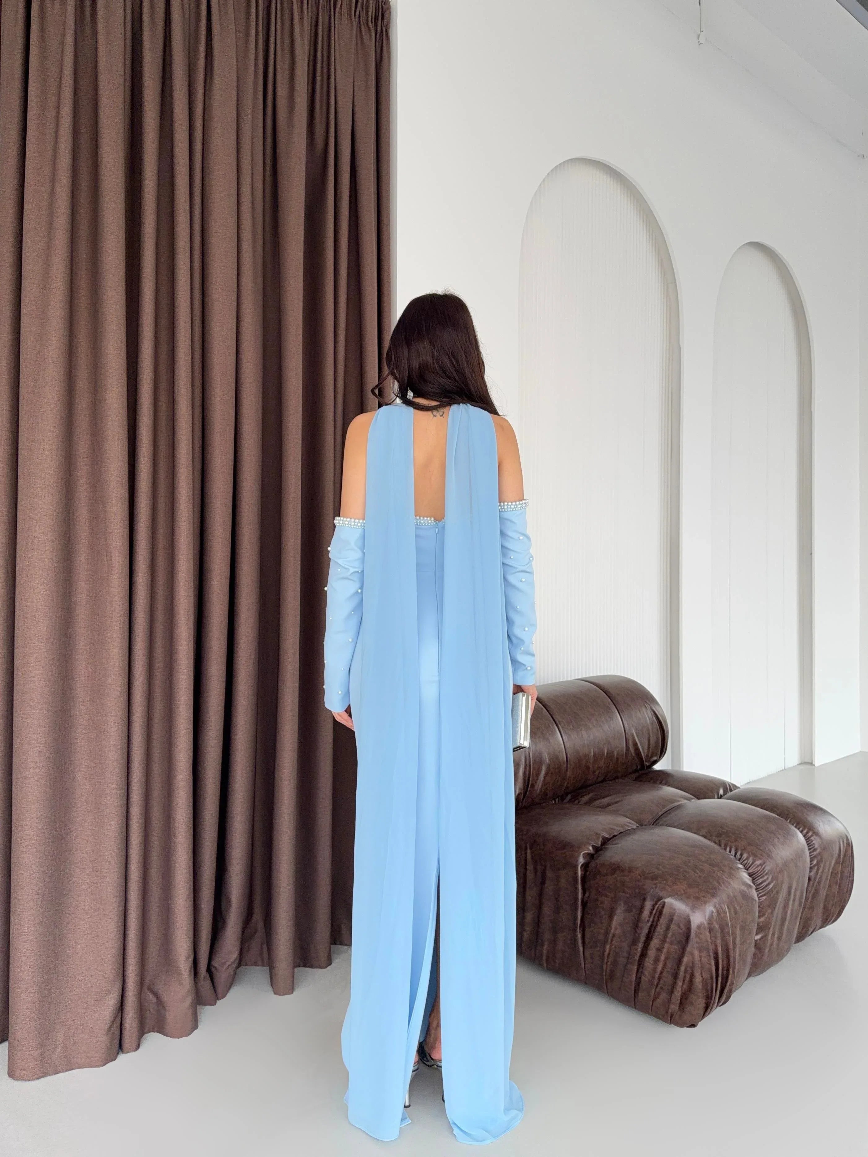 Pearl Embellished Scarf Sleeve Maxi Dress - Baby Blue - Mirelline Store