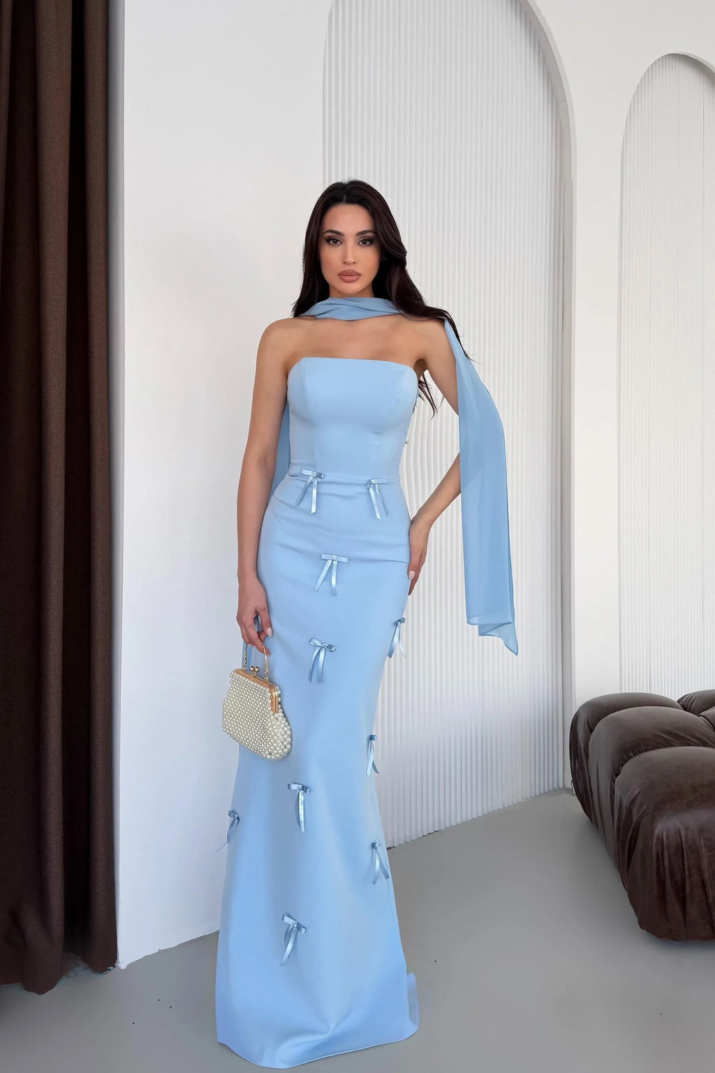 Strapless Bow-Detail Maxi Dress - Baby Blue - Mirelline Store