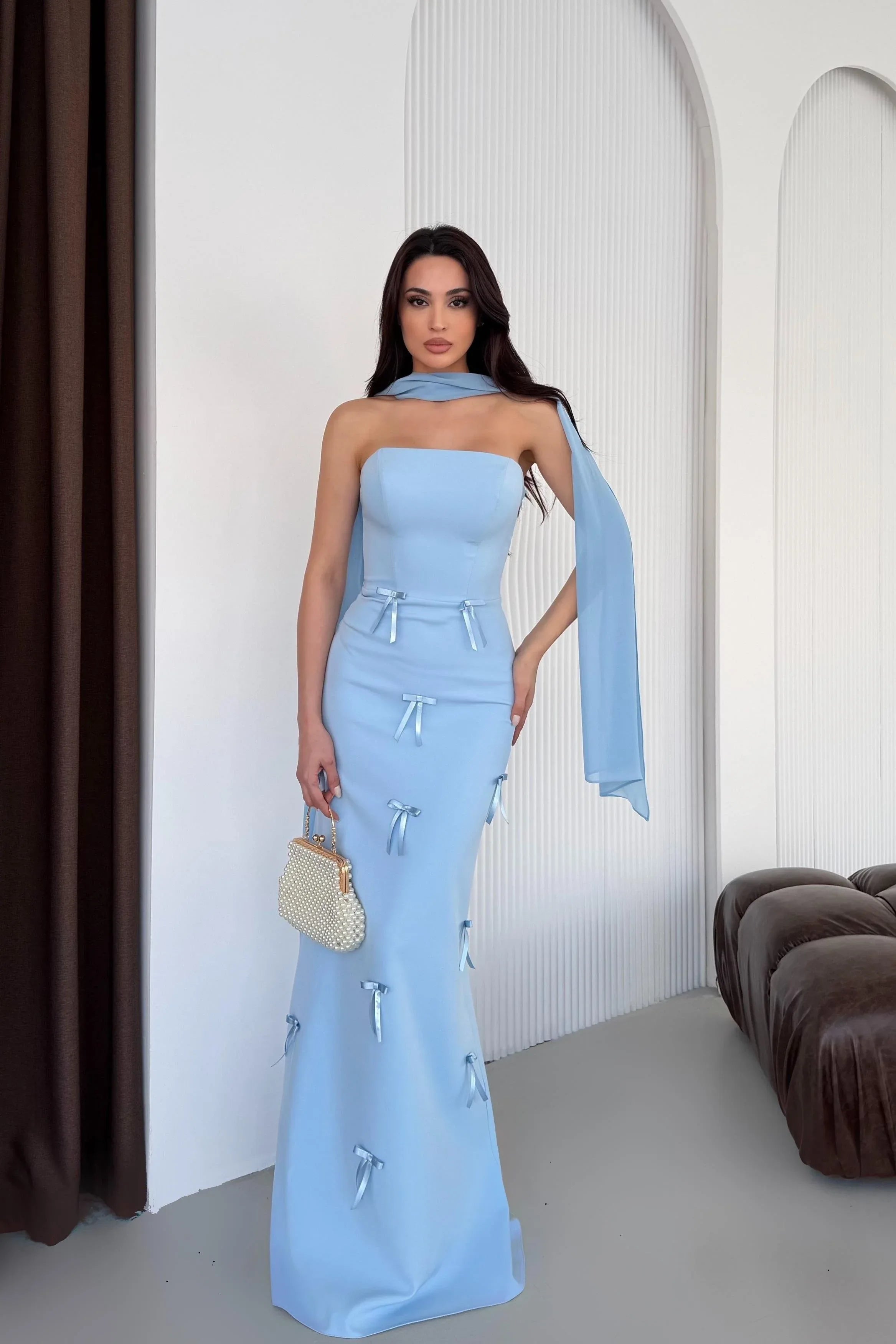 Strapless Bow-Detail Maxi Dress - Baby Blue - Mirelline Store