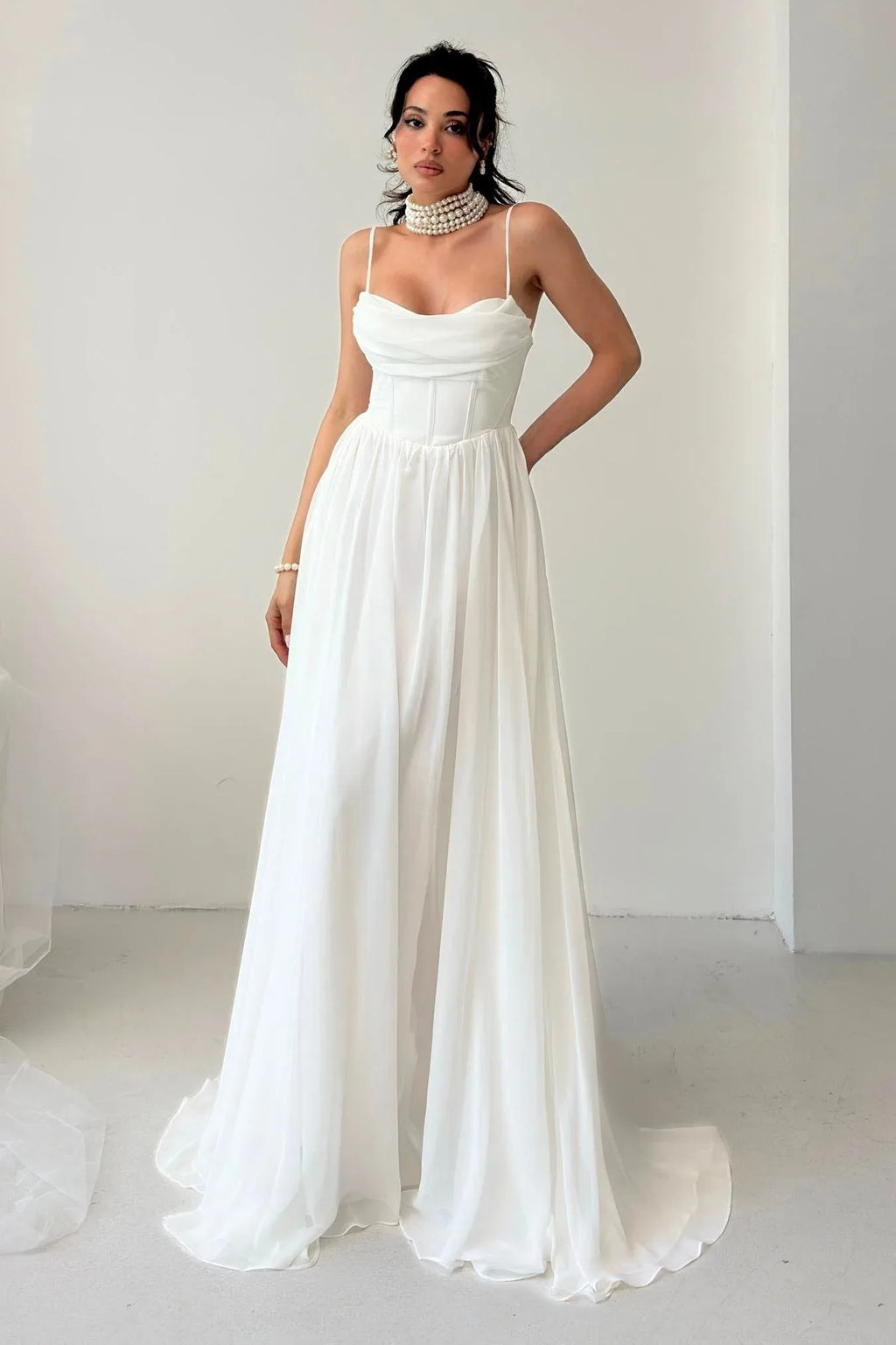Chiffon Corset Slit Maxi Dress - White - Mirelline Store